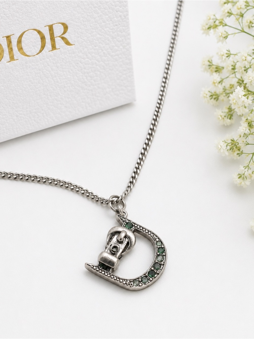 Christian Dior Silver-Tone Pendant Necklace – Green Crystal Accents – Pre-Owned